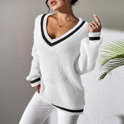 女士毛衣供应商-V领休闲针织套头衫