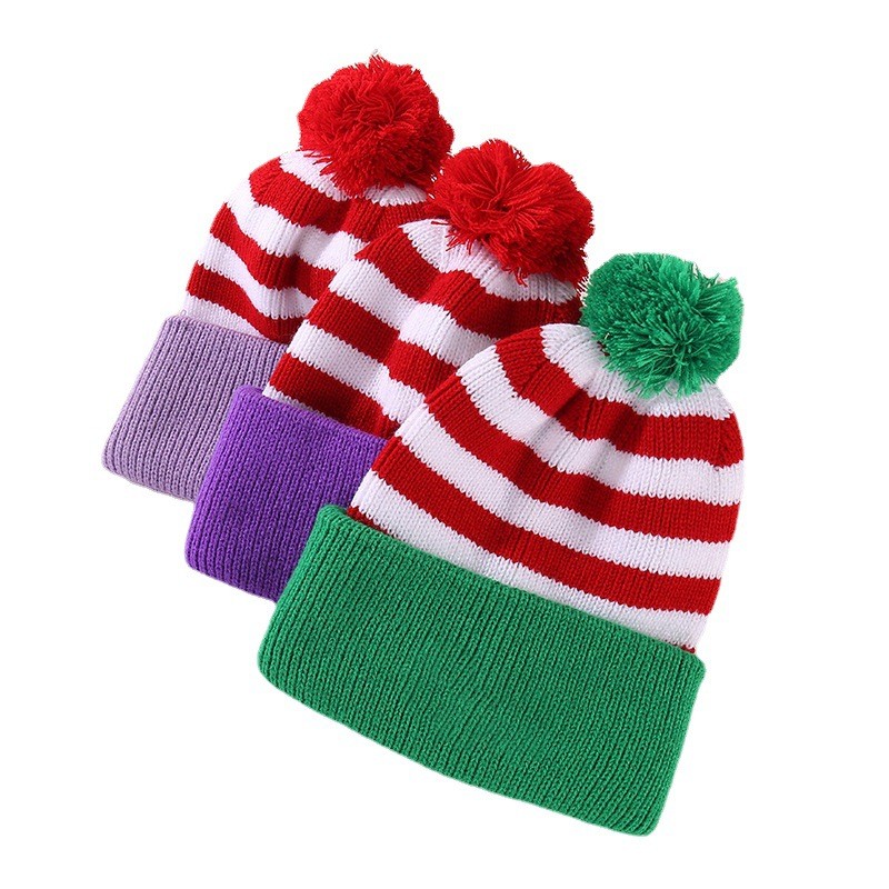 冬季婴儿帽工厂-绒球条纹针织新生儿帽