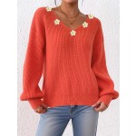 女士套头衫工厂-钩花V领宽松毛衣