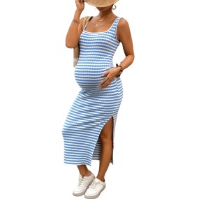Summer Maternity Dress Manufacturer - Slim Bodycon Square Neck Striped Side Slit Dress