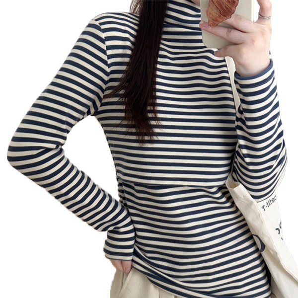 孕妇运动衫厂家-高领哺乳睡眠护理条纹上衣