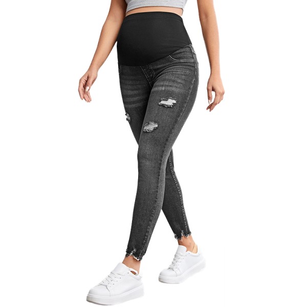 可定制孕妇牛仔裤厂家-紧身高腰超弹托腹牛仔裤