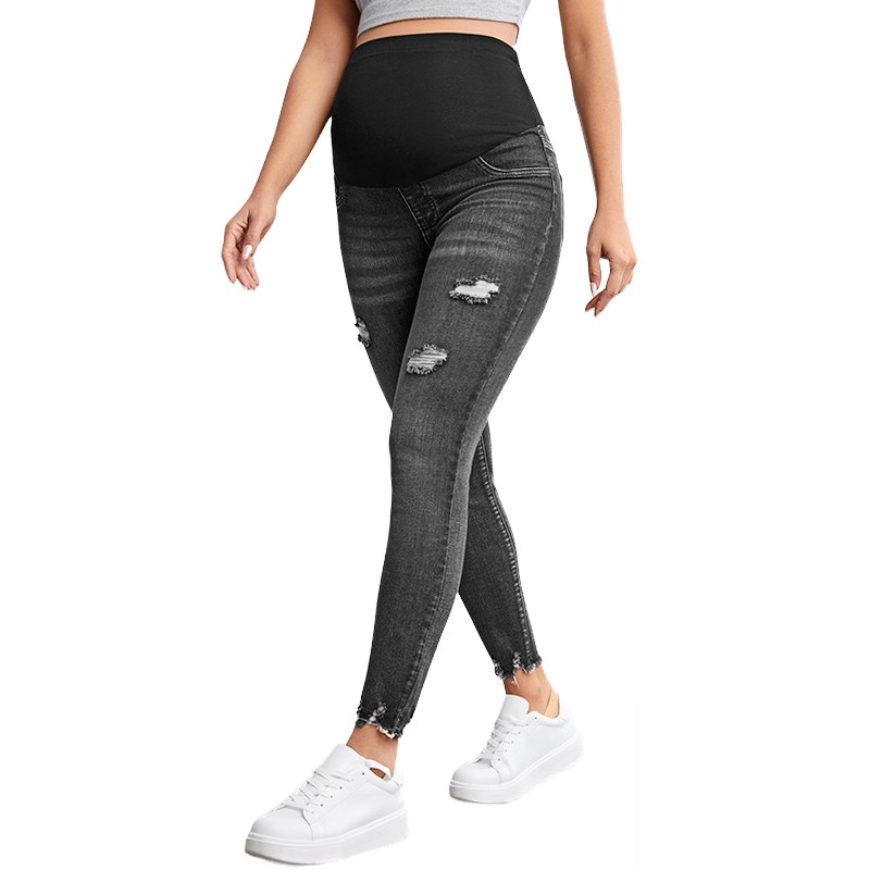 可定制孕妇牛仔裤厂家-紧身高腰超弹托腹牛仔裤