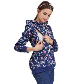 加大码孕妇服装供应商-花卉连体衫绒线哺乳连帽衫
