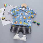 幼儿男孩服装工厂-亚麻衬衫和短裤夏威夷花卉短袖上衣