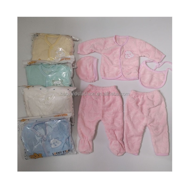 新生儿服装工厂-5件0-6个月法兰绒服装休闲冬季上衣帽子裤子