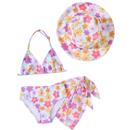 女孩泳衣套装厂家-4件套花卉比基尼无袖系带上衣短裤