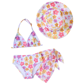 Girl Swimsuit Set Manufacturer - 4pcs/set Floral Bikini Sleeveless Tie up Top Shorts