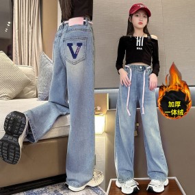 Girls Fleece Jeans Factory - Extra-thick One-piece Fleece Winter Outerwear Warm Loose