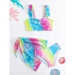 女孩泳衣供应商-鱼鳞印花分体泳衣夏季海滩装3件套比基尼