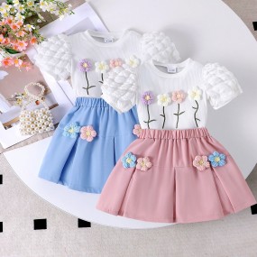 Girls Two-Piece Set Manufacturer - Wholesale Summer Cute Casual 3D Flower Cotton Top