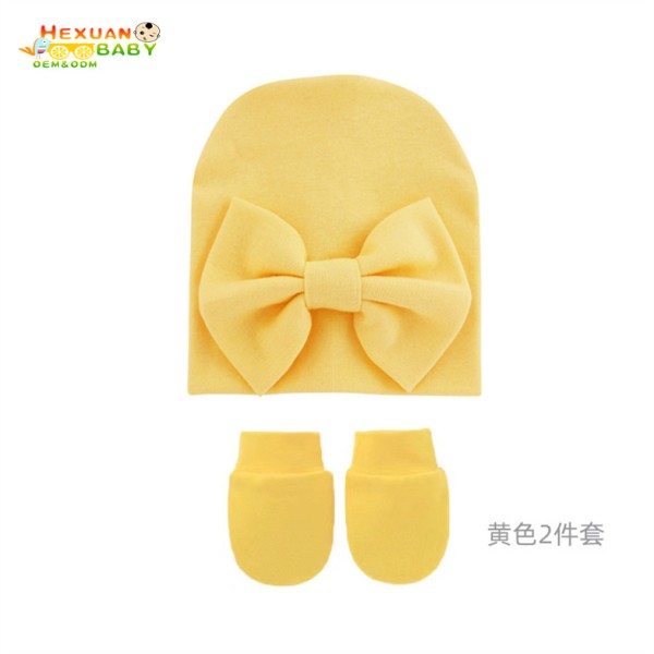 定制无檐帽供应商-新生儿头巾帽冬季打结无檐帽棉帽手套套装
