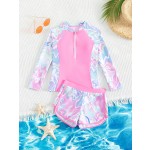 女孩游泳衣厂家-长袖运动冲浪分体泳衣套装游泳池泳装