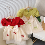 女婴连衣裙厂家-夏季新款红色短袖甜美蝴蝶结儿童服装