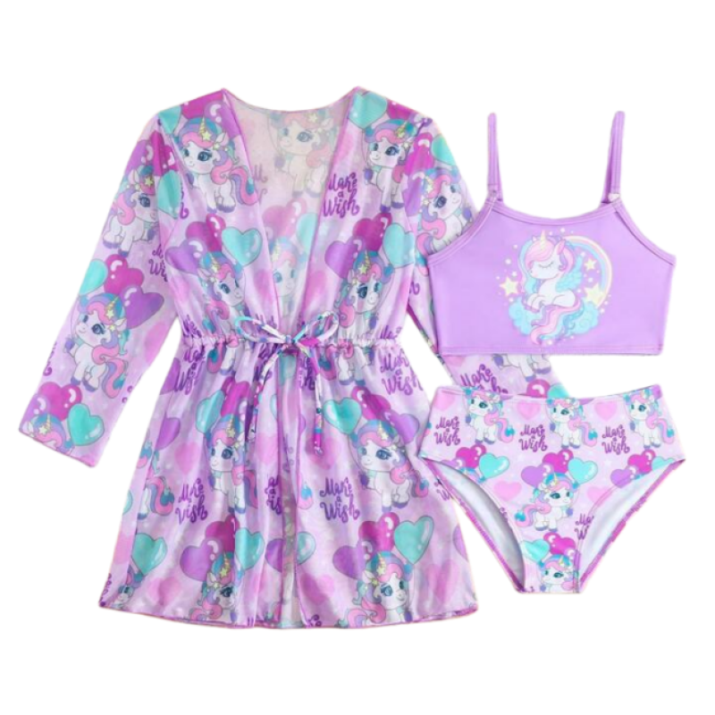 女孩比基尼套装工厂-3件装配罩裙儿童泳装海滩装