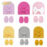 定制无檐帽供应商-新生儿头巾帽冬季打结无檐帽棉帽手套套装