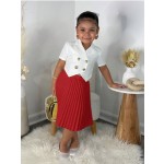 女孩套装工厂-热销两件套纯色短袖纽扣上衣裙子