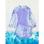 女孩游泳衣厂家-长袖运动冲浪分体泳衣套装游泳池泳装