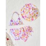 女孩泳衣套装厂家-4件套花卉比基尼无袖系带上衣短裤