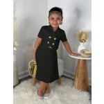 女孩套装工厂-热销两件套纯色短袖纽扣上衣裙子