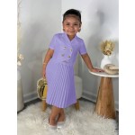 女孩套装工厂-热销两件套纯色短袖纽扣上衣裙子