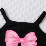 夏季女孩服装工厂-2件套背带蝴蝶结印花上衣不对称裙