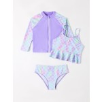 女孩泳装厂家-3件装高腰比基尼套装防紫外线长袖