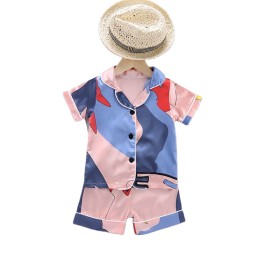 儿童睡衣供应商-短袖上衣短裤睡衣缎面卡通印花