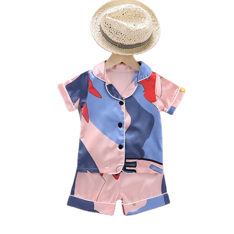 儿童睡衣供应商-短袖上衣短裤睡衣缎面卡通印花