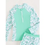 女孩游泳衣厂家-长袖运动冲浪分体泳衣套装游泳池泳装