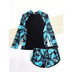 女孩泳装工厂-长袖运动冲浪分体泳衣套装两件套泳衣