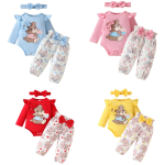 女婴服装厂家-可爱熊印花长袖连体衣心形图案裤子