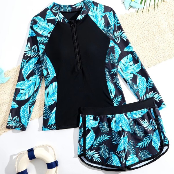 女孩泳装工厂-长袖运动冲浪分体泳衣套装两件套泳衣