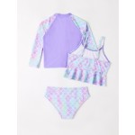 女孩泳装厂家-3件装高腰比基尼套装防紫外线长袖