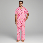 女士睡眠服供应商-定制情人节缎面睡眠服休闲粉色印花