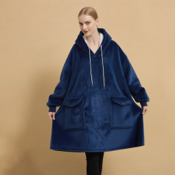 女士睡眠服供应商-定制冬季保暖针织柔软配口袋带帽睡衣