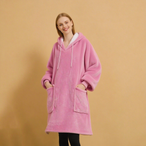 女士睡衣工厂-定制冬季保暖柔软针织配口袋前标带帽