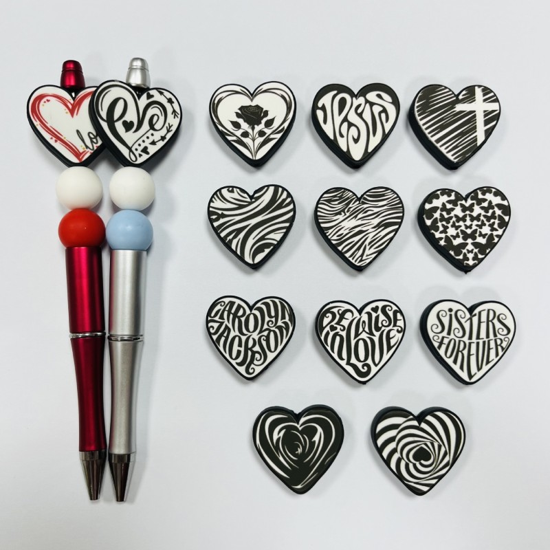 婴儿牙胶供应商-卡通心形硅胶珠配串珠笔食品级