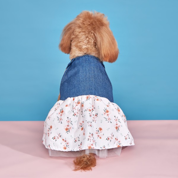 Princess Dress Supplier - Comfy Puppy Floral Vest Suspender Skirt Lace Trim Tutu Denim Spliced