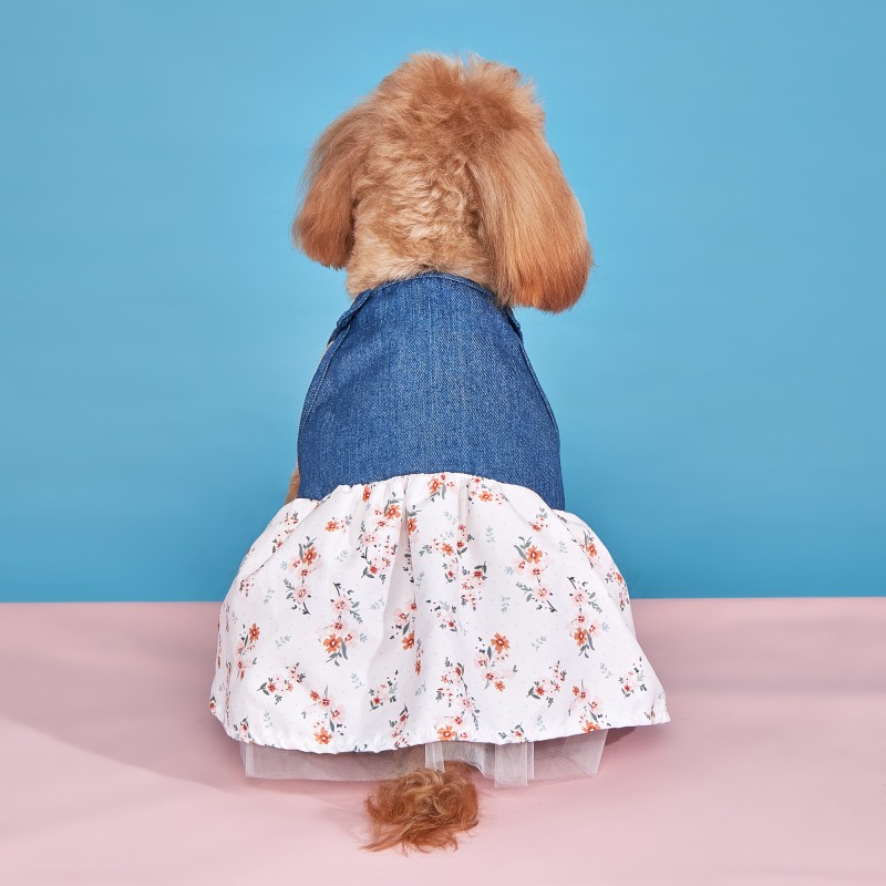 Princess Dress Supplier - Comfy Puppy Floral Vest Suspender Skirt Lace Trim Tutu Denim Spliced