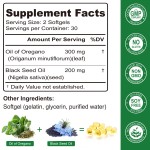 High-Concentrated Oil of Oregano Black Seed Oil Supplement Non-GMO Immune Health Booster for Adults with Carvacrol Thymoquinone