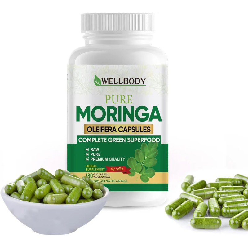 WELLBODY Private Label Factory Supply High Organic Natural 100% Organic Moringa Capsules Powder Bulk Organic Moringa Capsules
