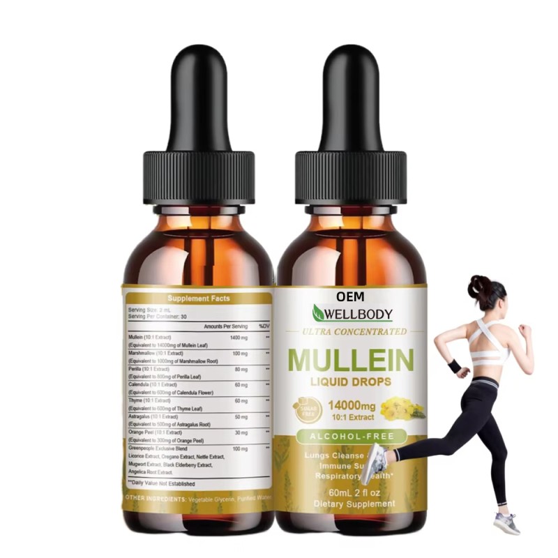 WELLBODY Private Label Mullein Leaf Extract Supplement Wholesale Price Liquid Drop for Adult Lungs Cleansing Safe Pregnant Women