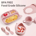 婴儿喂养套装生产厂家-恐龙硅胶餐盘套装防摔勺叉