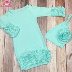 婴儿袍工厂-新生儿回家服纯色长袖荷叶边袍