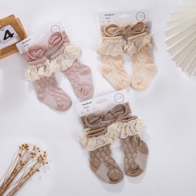 婴儿套装供应商-春夏婴儿蕾丝棉袜兔耳头带套装