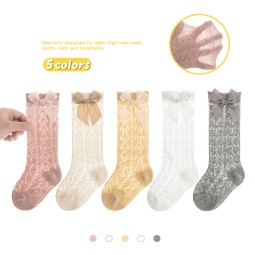 学生袜工厂-透气女童棉质过膝袜蝴蝶结网眼