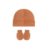 婴儿帽套装供应商-纯色套头帽手套组冬季棉质