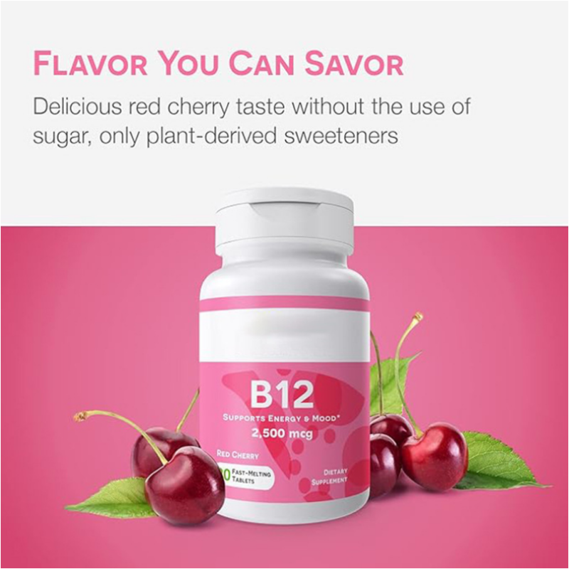 OEM Private Label Vitamin B12 Tablets Red Cherry Flavor B12 Vitamins Pills Supplement Support Whole Body Health