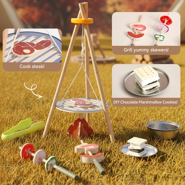 烧烤玩具工厂 - 木质烤炉游戏套装食物